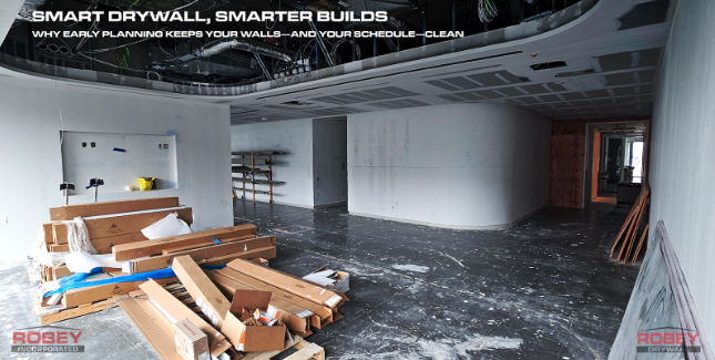 Commercial interior construction site with exposed framing, partially finished drywall, and visible MEP systems